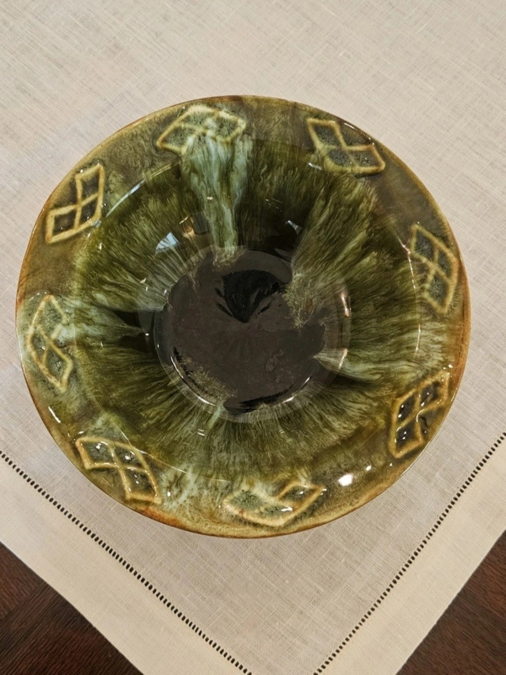Vintage Wade of California Green Drip Glaze Bowl 6.5"